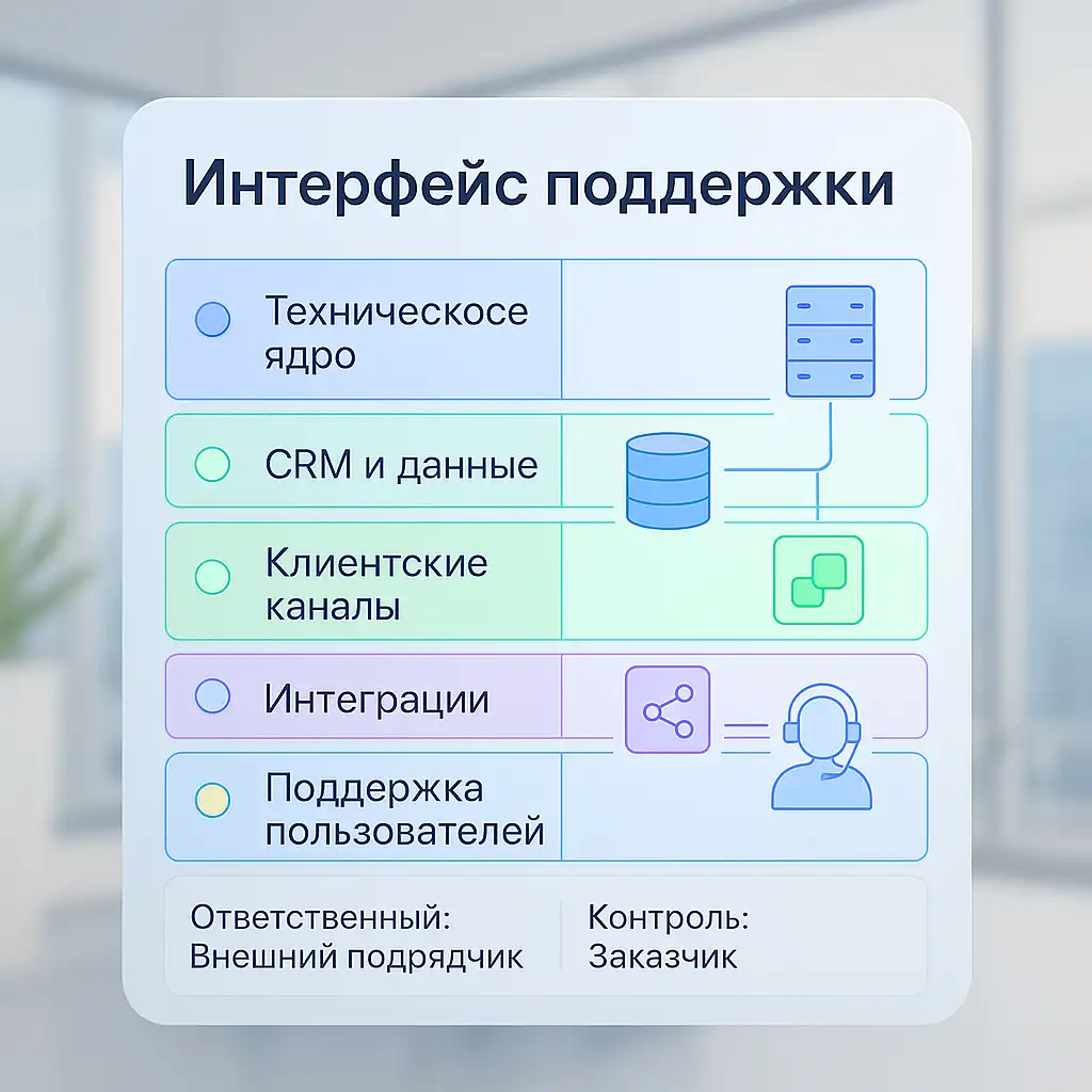 Инфографика «Интегрированная система поддержки» с русскими подписями: «Техническое ядро», «CRM и данные», «Клиентские каналы», «Интеграции», «Поддержка пользователей», статус: «Ответственный: Внешний подрядчик», «Контроль: Заказчик».