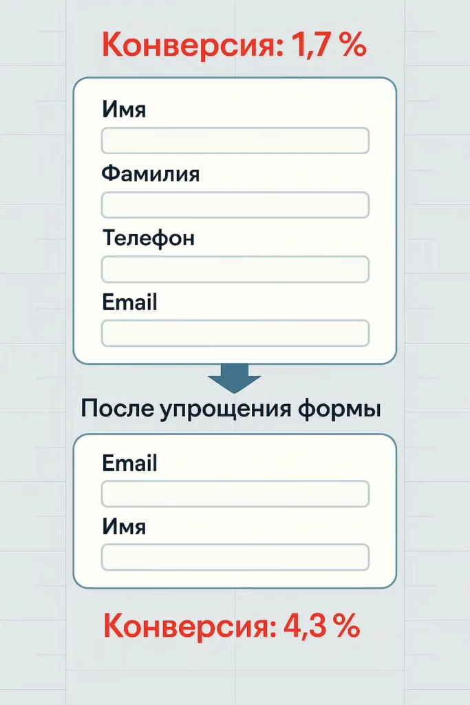 Инфографика сравнивает формы: верхняя с четырьмя полями и конверсией 1,7%, нижняя — с двумя полями и надписью «Конверсия: 4,3%» после упрощения формы.