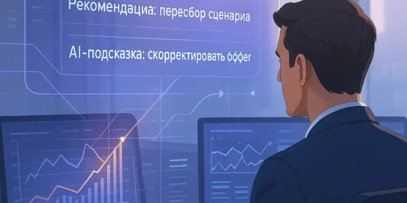 Маркетолог анализирует голографическую панель с надписями на русском: «ВСПЛЕСК ТРАФИКА», «Источник: реклама», «Аномалия: рост на 63%», «Триггер активирован», «Рекомендация: пересбор сценария», «AI-подсказка: скорректировать оффер».