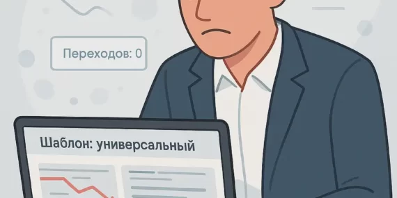 Мужчина в деловом костюме с раздражённым лицом смотрит на экран ноутбука с русскими подписями: «Шаблон: универсальный», «Низкий CTR», «Снижение вовлечённости», рядом висят предупреждения: «Недоступна настройка», «Переходов: 0», «Ограниченный шаблон».
