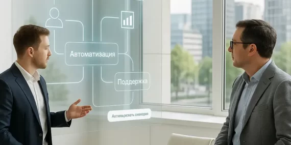 Два мужчины обсуждают голографическую схему цифровой инфраструктуры с подписями на русском: «CRM», «Аналитика», «Автоматизация», «Поддержка», кнопка «Активировать сценарий»; за окнами — вид на город.