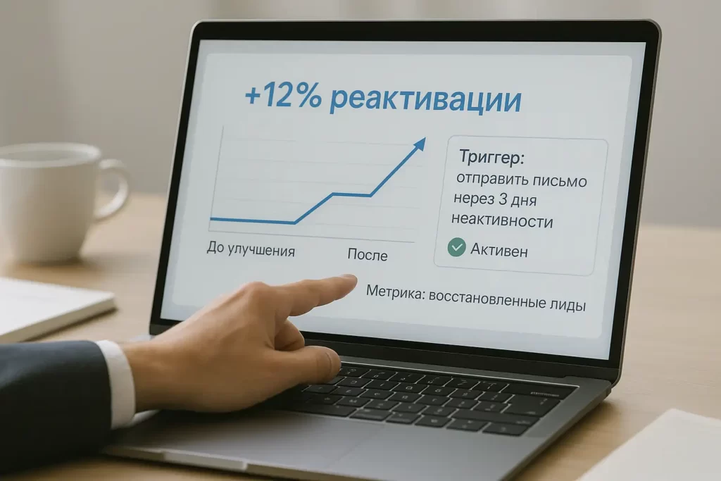 Экран ноутбука с графиком на русском: «До улучшения» и «После», над ним надпись «+12% реактивации»; справа — блок с текстом «Триггер: отправить письмо через 3 дня неактивности», статус — «Активен»; внизу: «Метрика: восстановленные лиды».