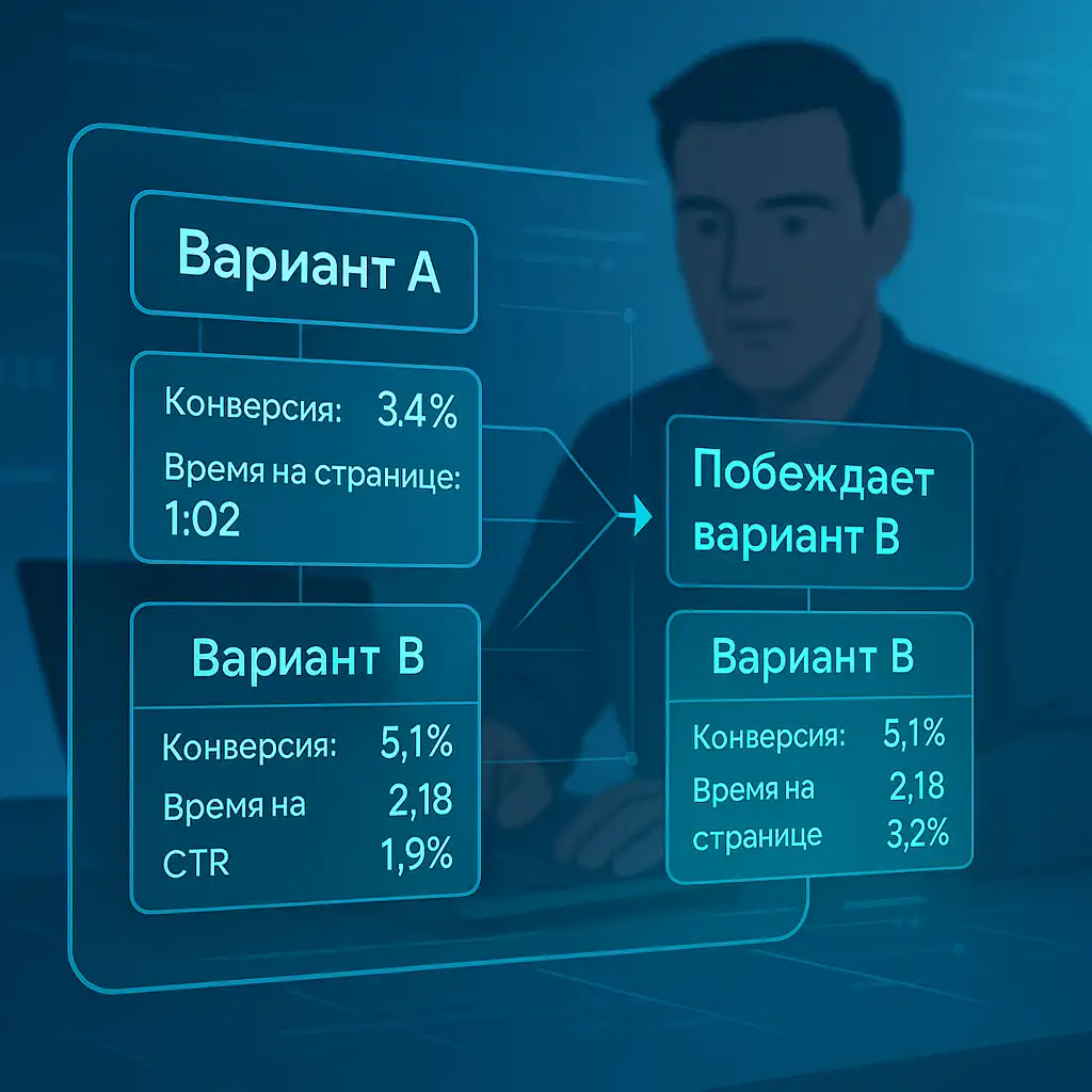Мужчина анализирует голографический A/B-тест; на экране сравнение: «Вариант A» — конверсия 3,4%, «Вариант B» — конверсия 5,1%; в центре надпись на русском: «Побеждает вариант B».