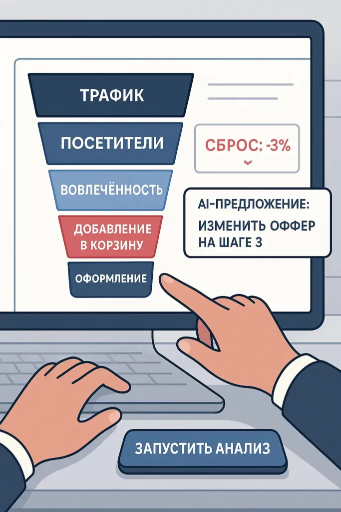 Визуализация воронки продаж на русском языке с акцентом на этап «ДОБАВЛЕНИЕ В КОРЗИНУ» (снижение на 32%), AI предлагает изменить оффер, на экране кнопка «ЗАПУСТИТЬ АНАЛИЗ».