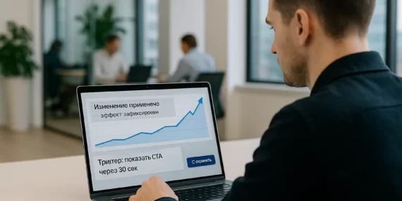 Мужчина у ноутбука в светлом офисе смотрит на график с подписями на русском: «Изменение применено — эффект зафиксирован», «Триггер: показать CTA через 30 сек», на экране нарастающая кривая конверсий.