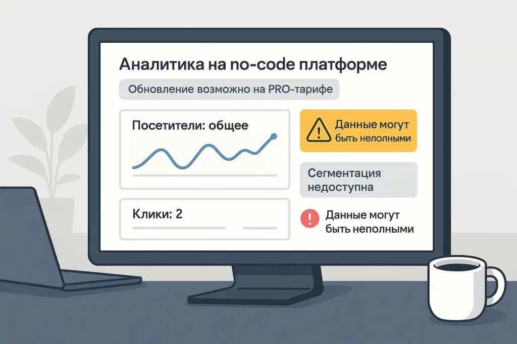 Интерфейс аналитики на русском языке с подписями: «Аналитика на no-code платформе», «Посетители: общее», «Клики: 2», «Сегментация недоступна», «Данные могут быть неполными», «Обновление возможно на PRO-тарифе».